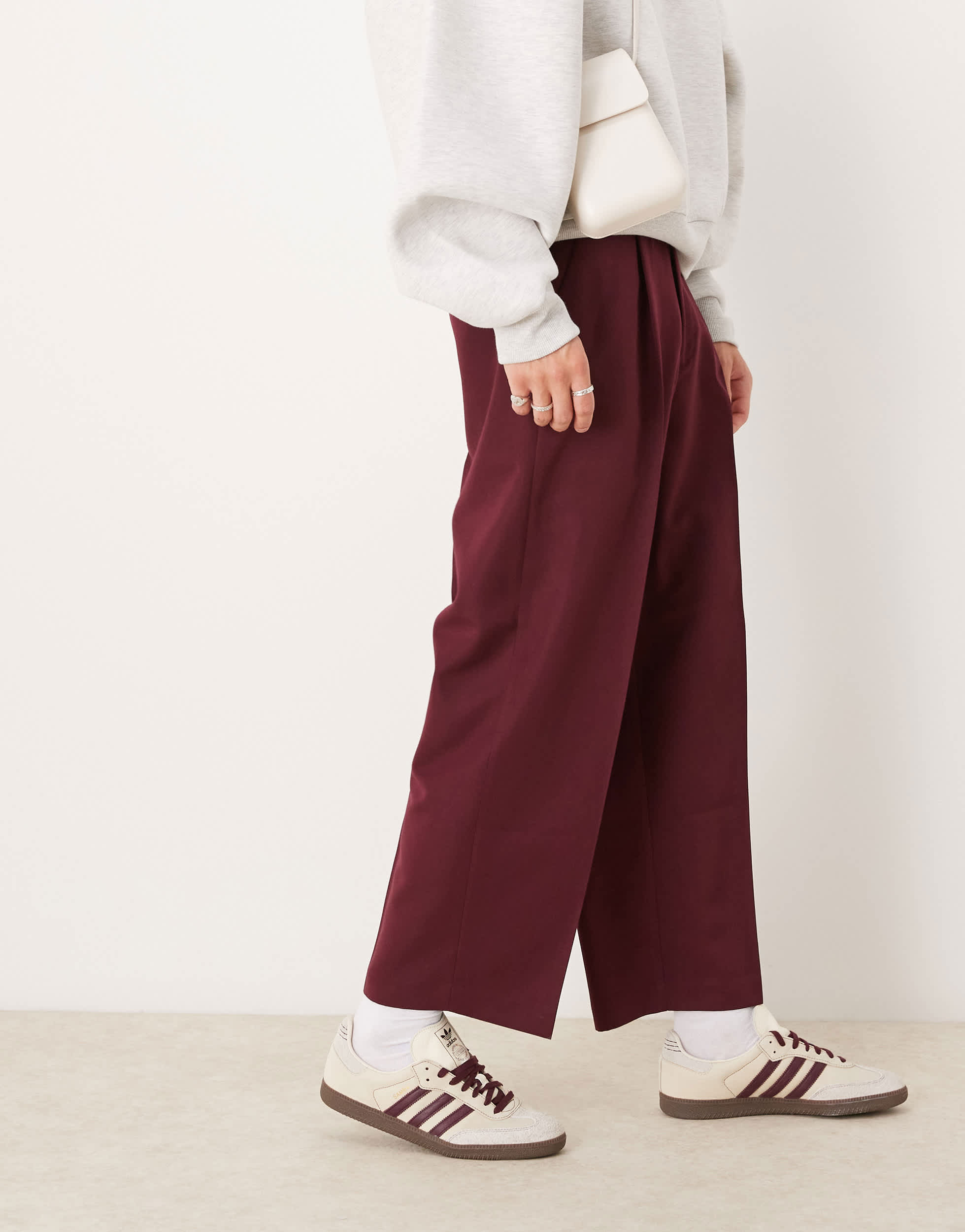 ASOS DESIGN smart balloon trousers with front pleat in burgundy
