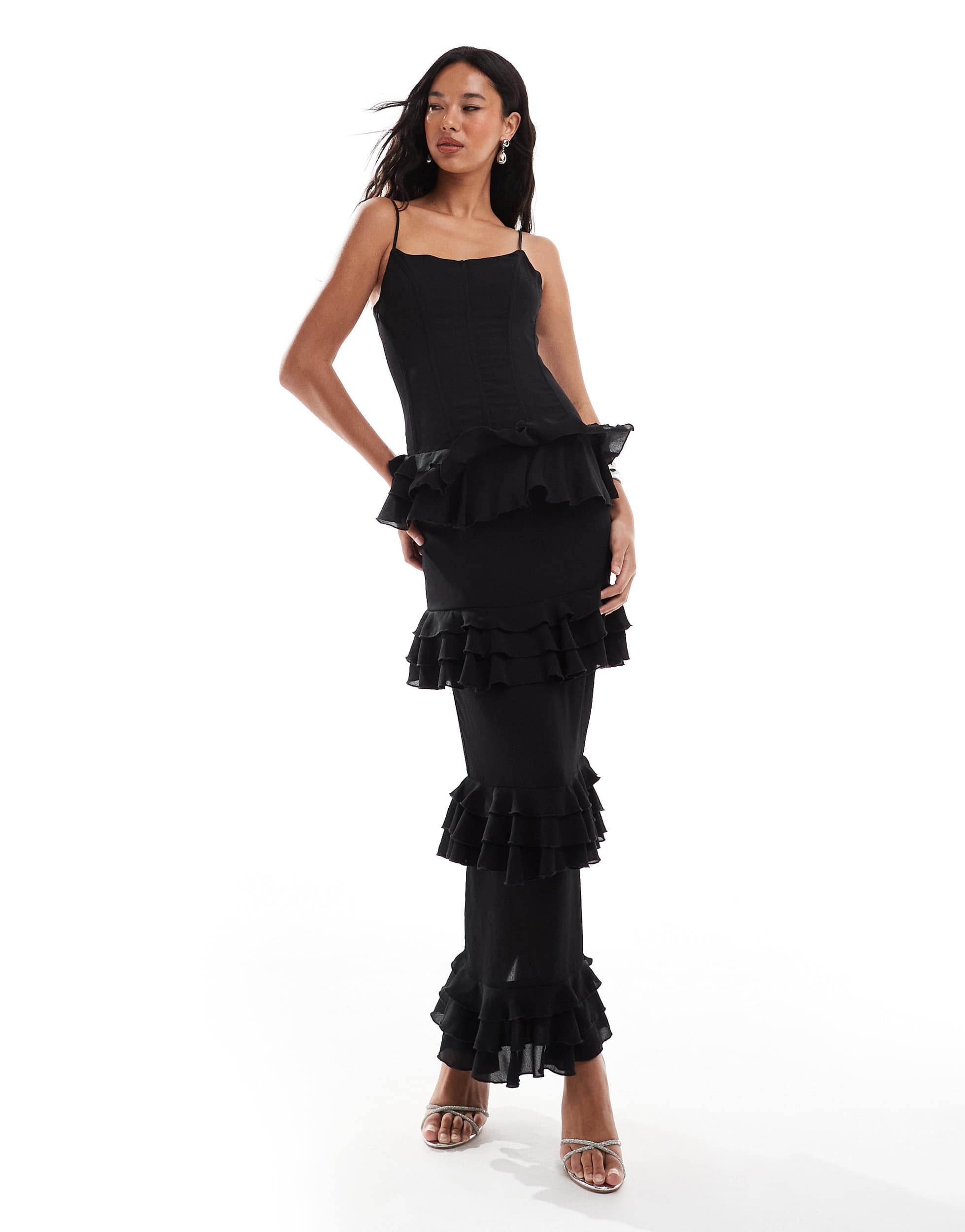 Rare London corset cami maxi dress with chiffon tiered skirt in black