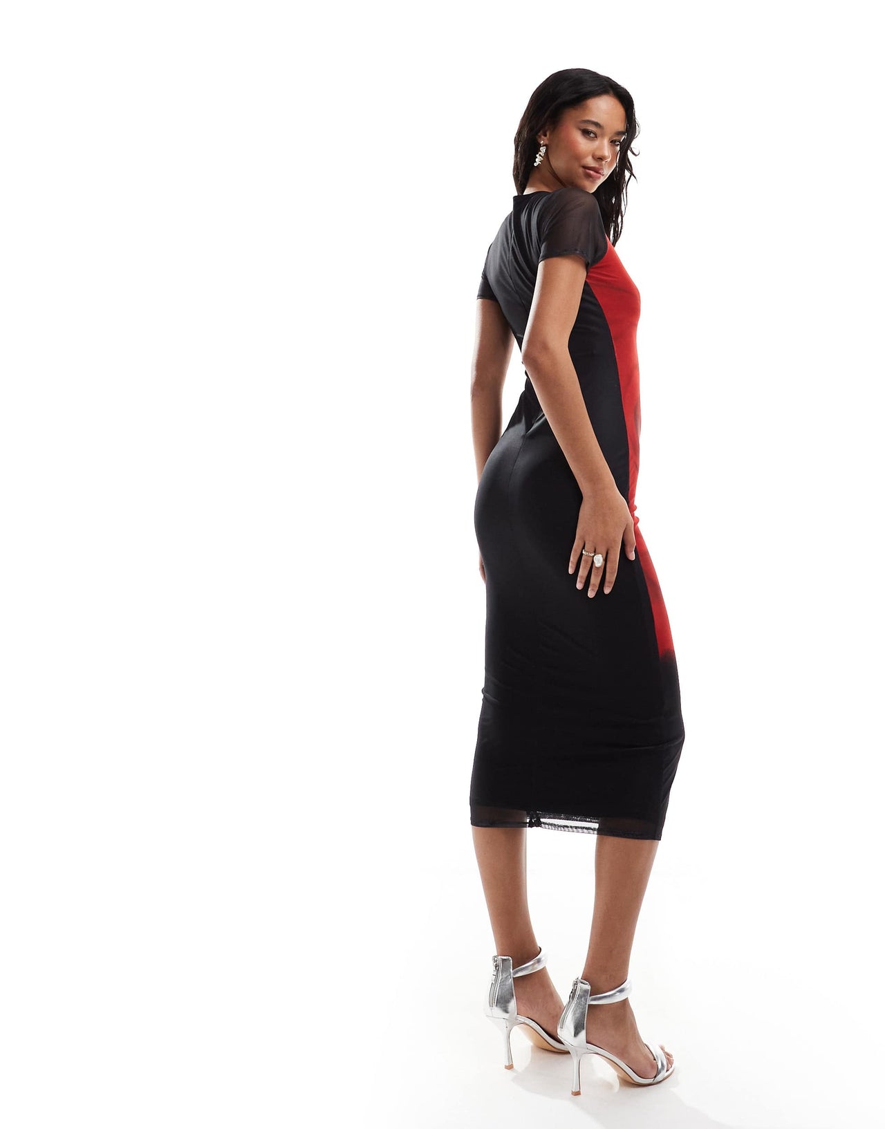 Rare London mesh flower motif short sleeve midi dress in black