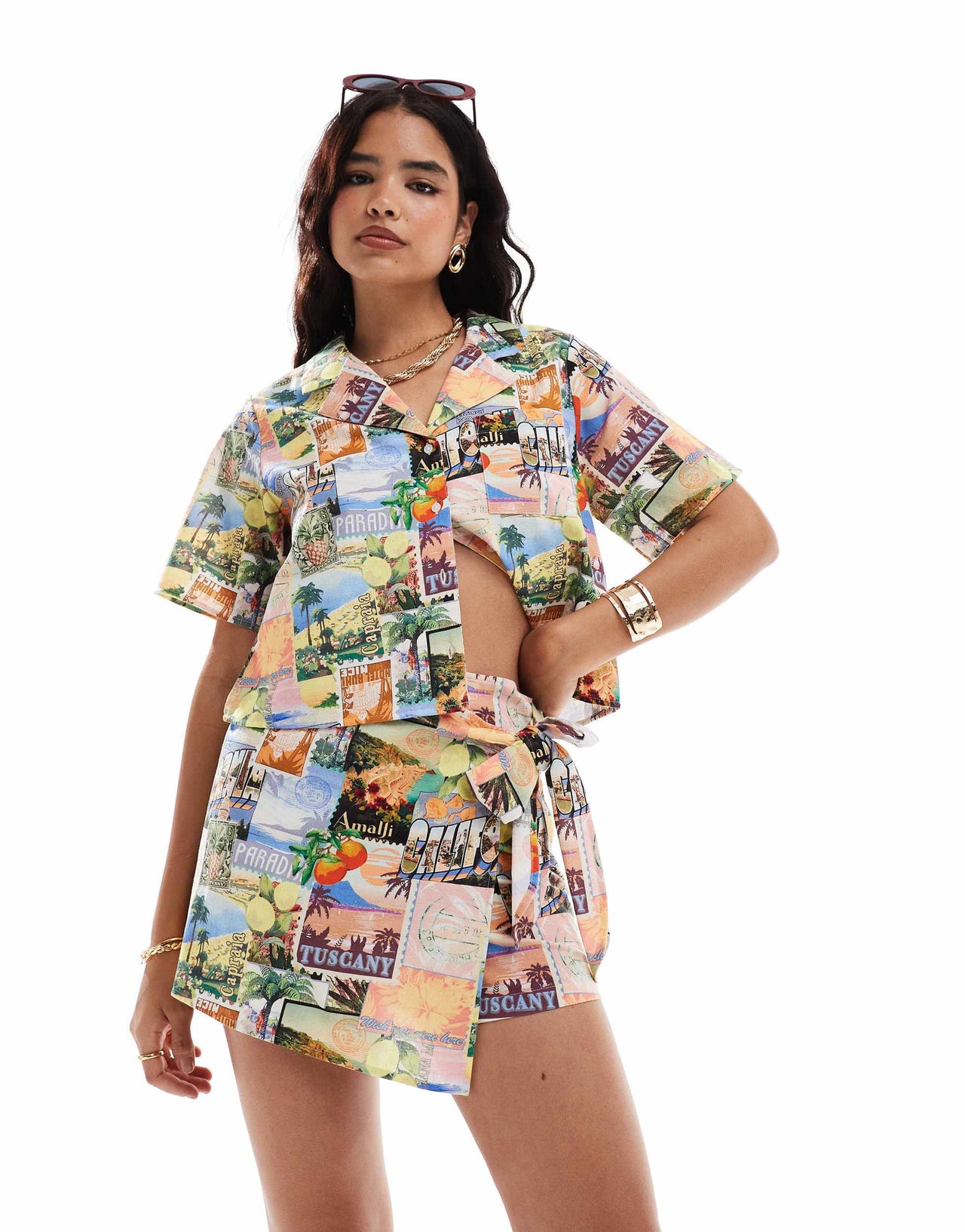 ASOS DESIGN linen look tie side wrap skort co-ord in postcard print