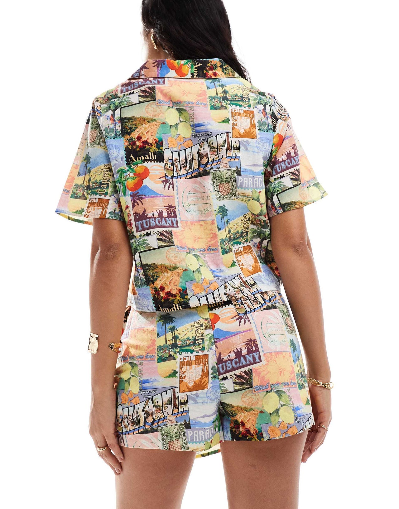 ASOS DESIGN linen look tie side wrap skort co-ord in postcard print