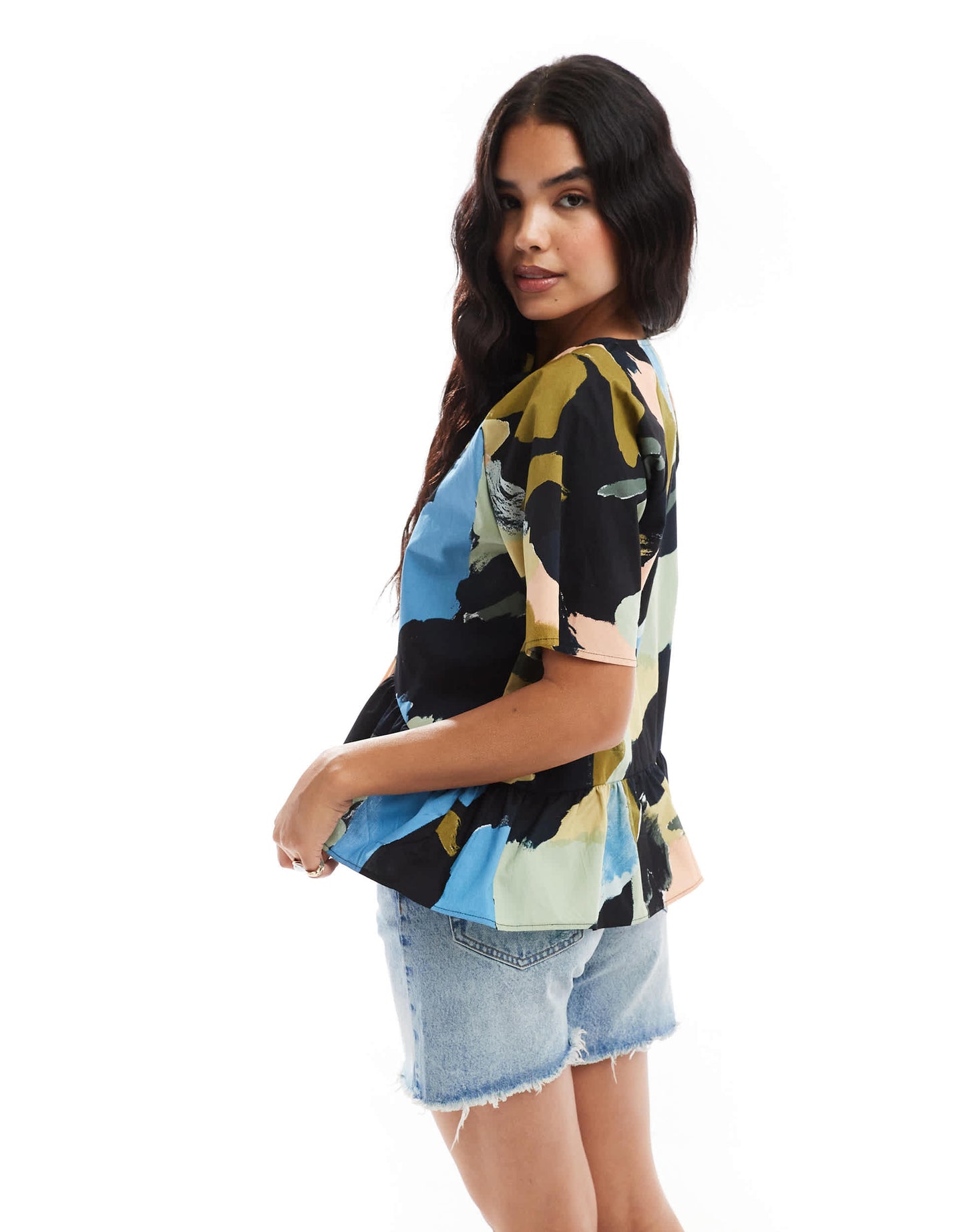ASOS DESIGN smock tie front top in arty abstract print
