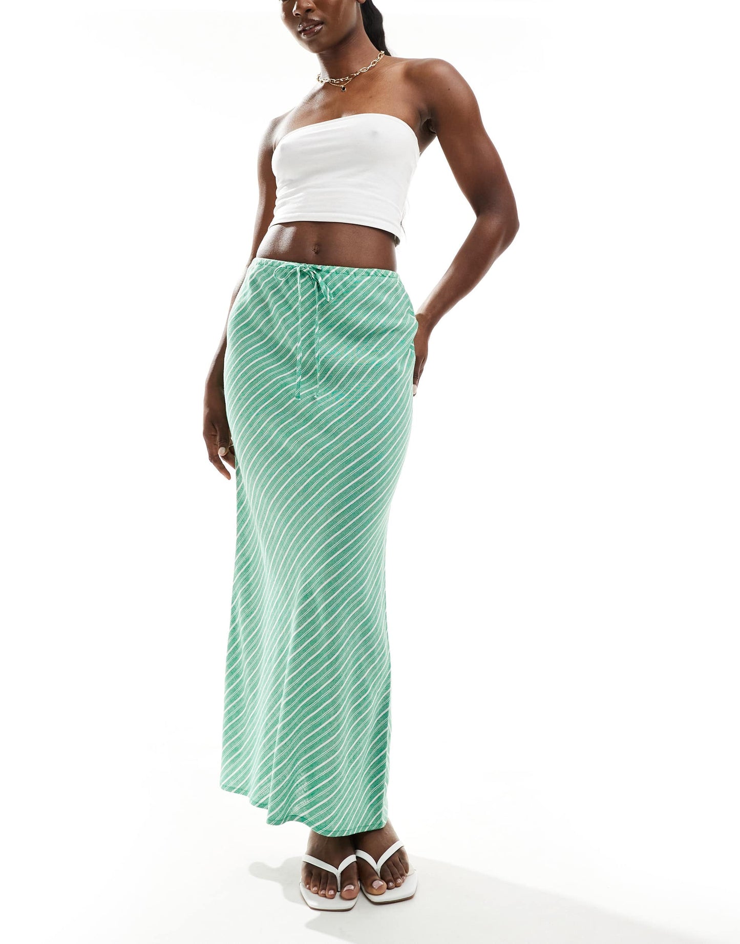 Stradivarius linen look maxi skirt in green stripe