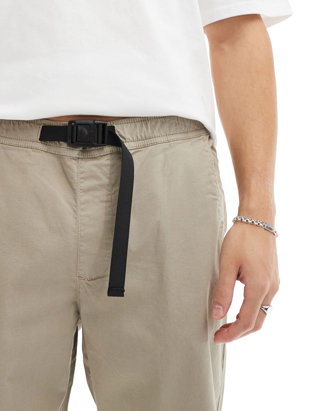 Denim Project tapered trousers in light beige with belt detail