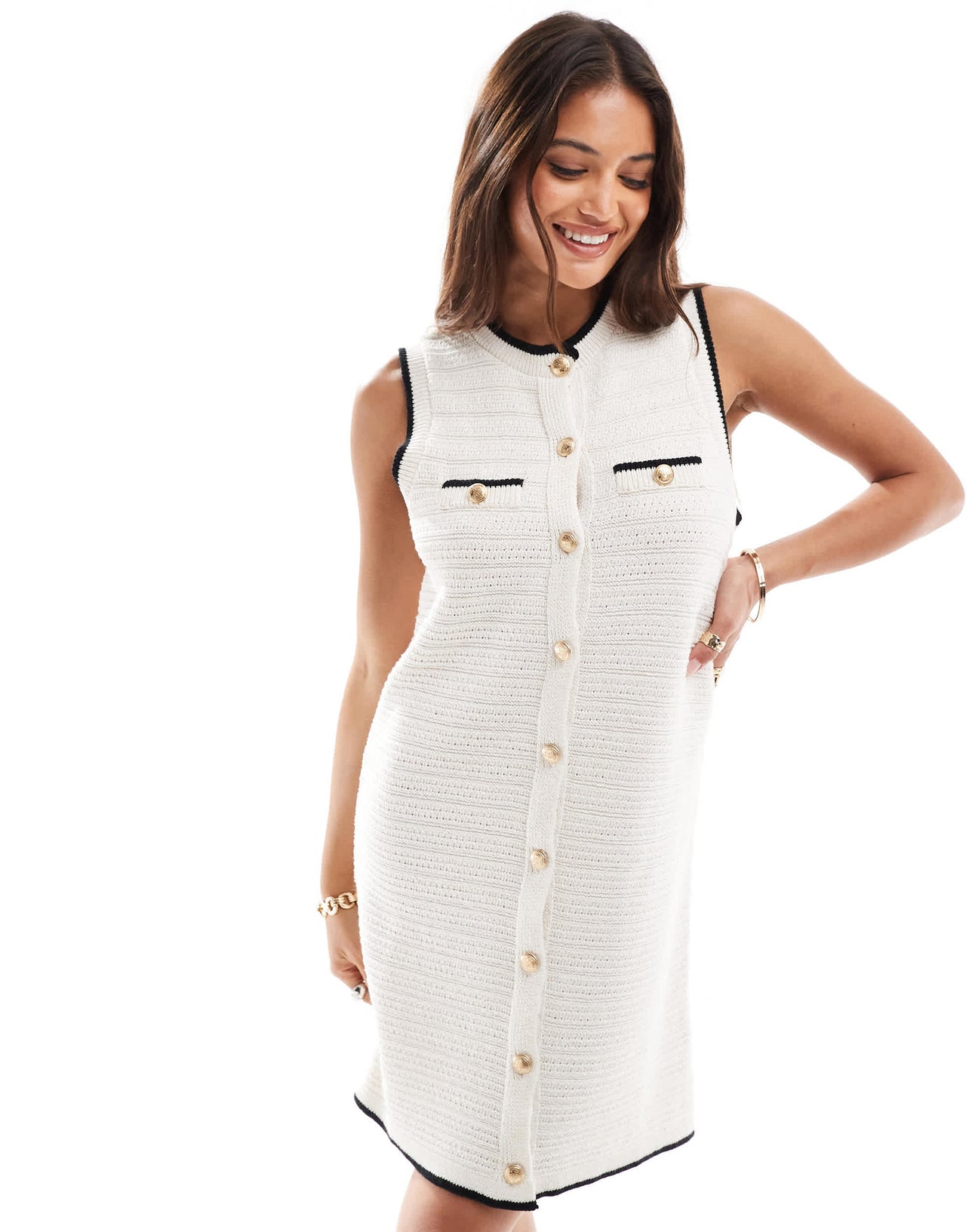 ASOS DESIGN knitted textured mini dress in cream with black tipping