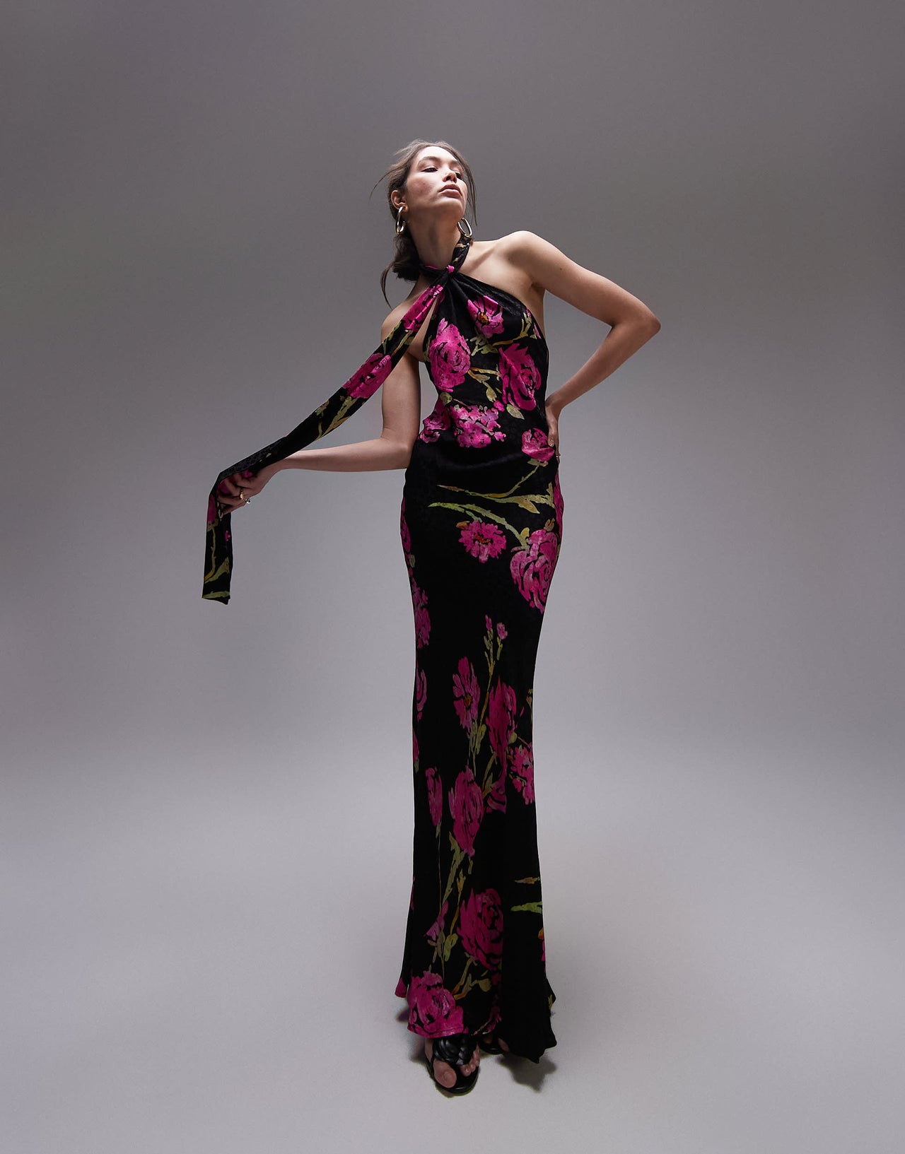 Topshop jacquard tie neck halter in black rose and spot