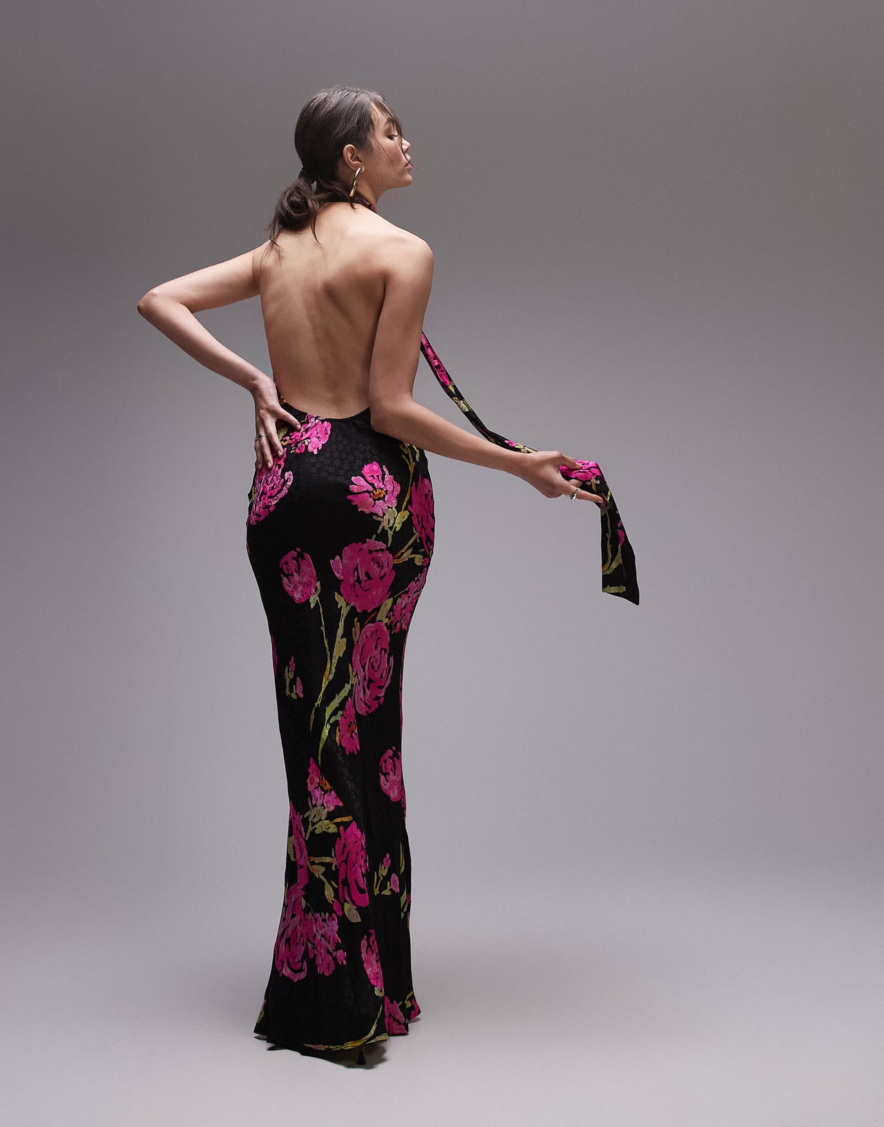 Topshop jacquard tie neck halter in black rose and spot