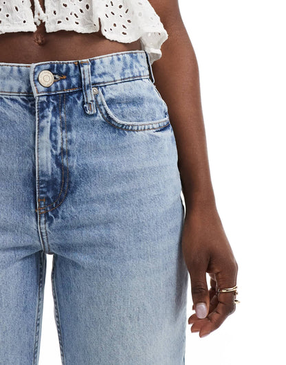 River Island straight jean with embroidered hem in midwash blue