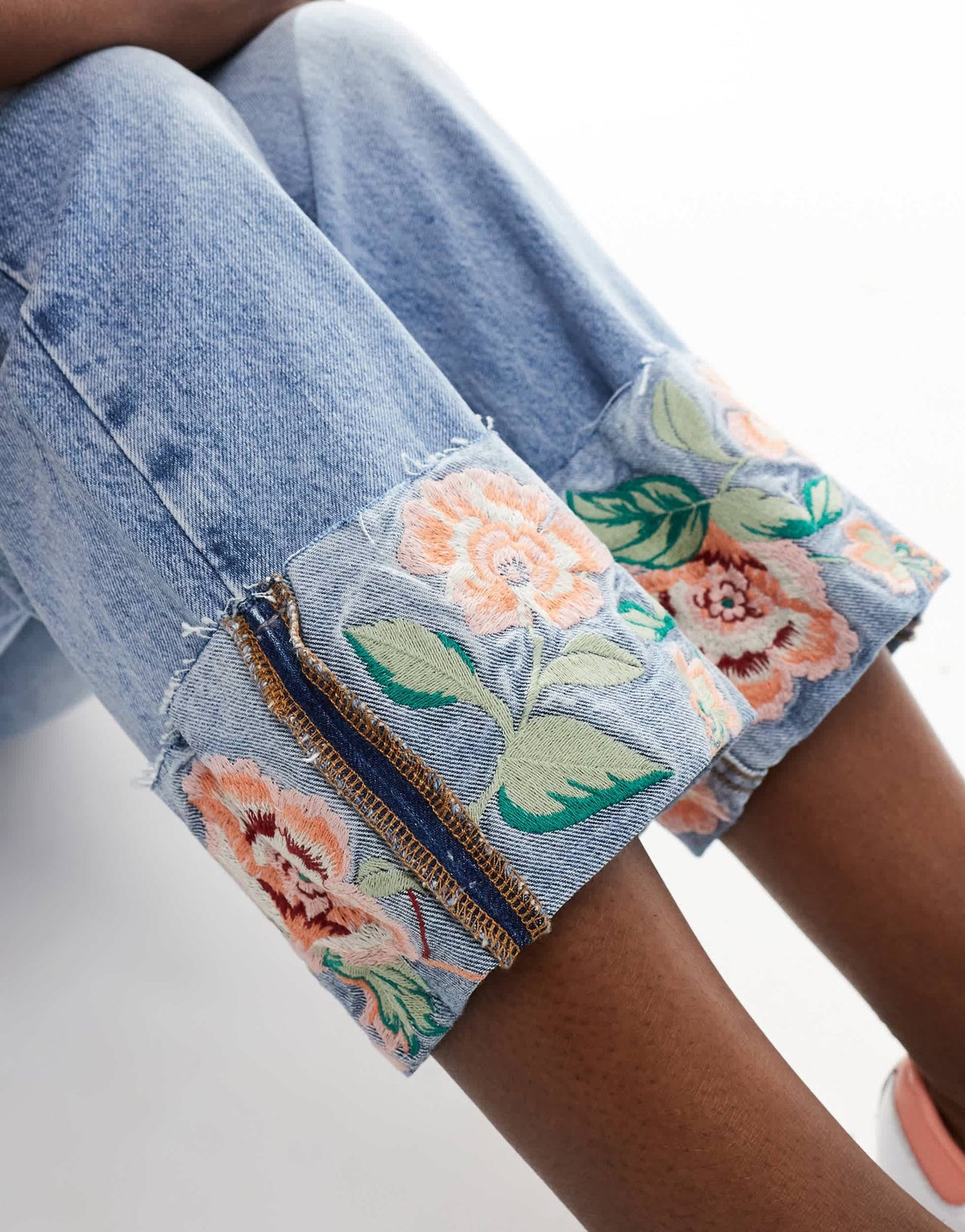 River Island straight jean with embroidered hem in midwash blue