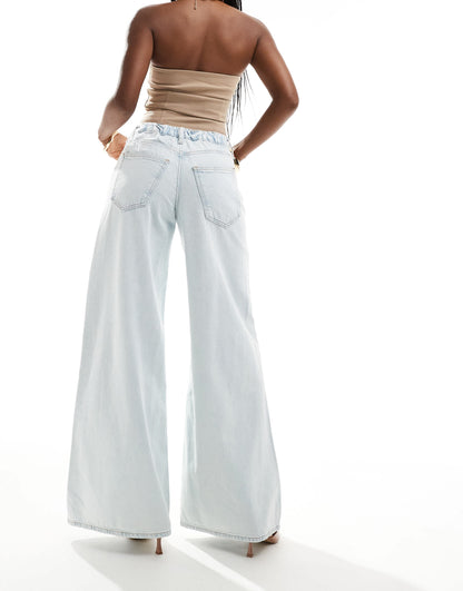 River Island elastic back wide leg jean in lightwash blue