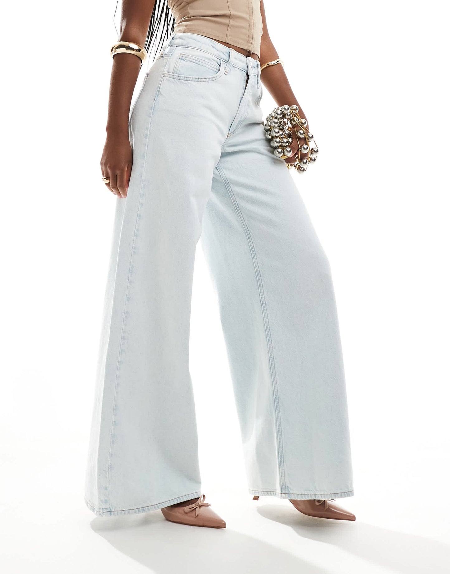 River Island elastic back wide leg jean in lightwash blue