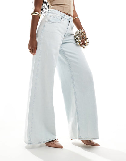 River Island elastic back wide leg jean in lightwash blue