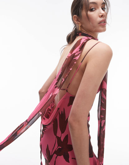 Topshop chiffon cowl slip midi dress in pink oversized floral print with scarf