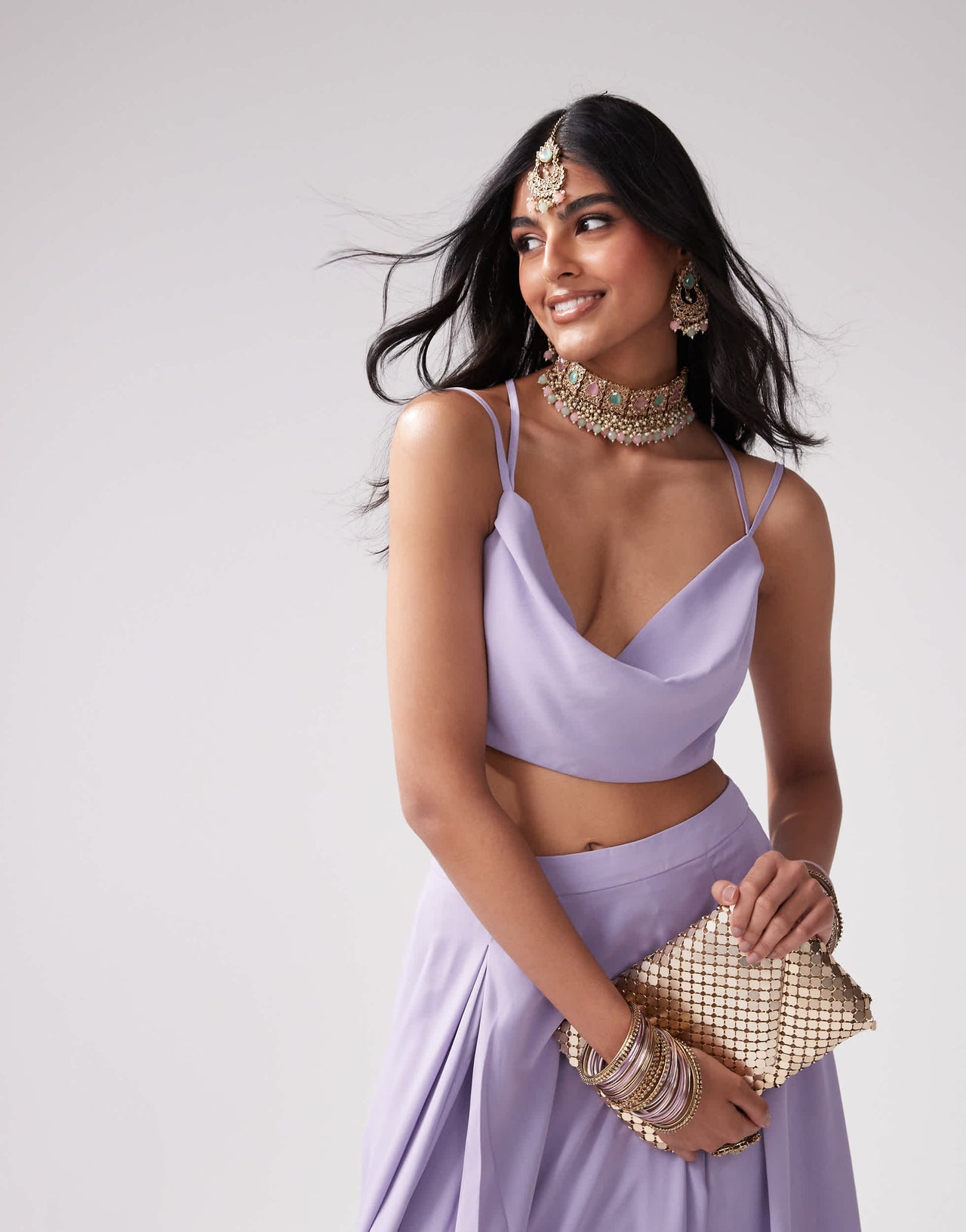 Kanya London Bridesmaid chiffon spaghetti strap cowl neck top co-ord in lilac grey