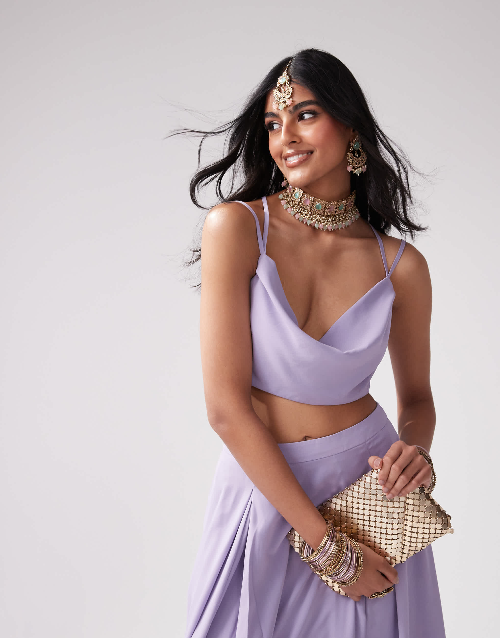 Kanya London Bridesmaid chiffon spaghetti strap cowl neck top co-ord in lilac grey