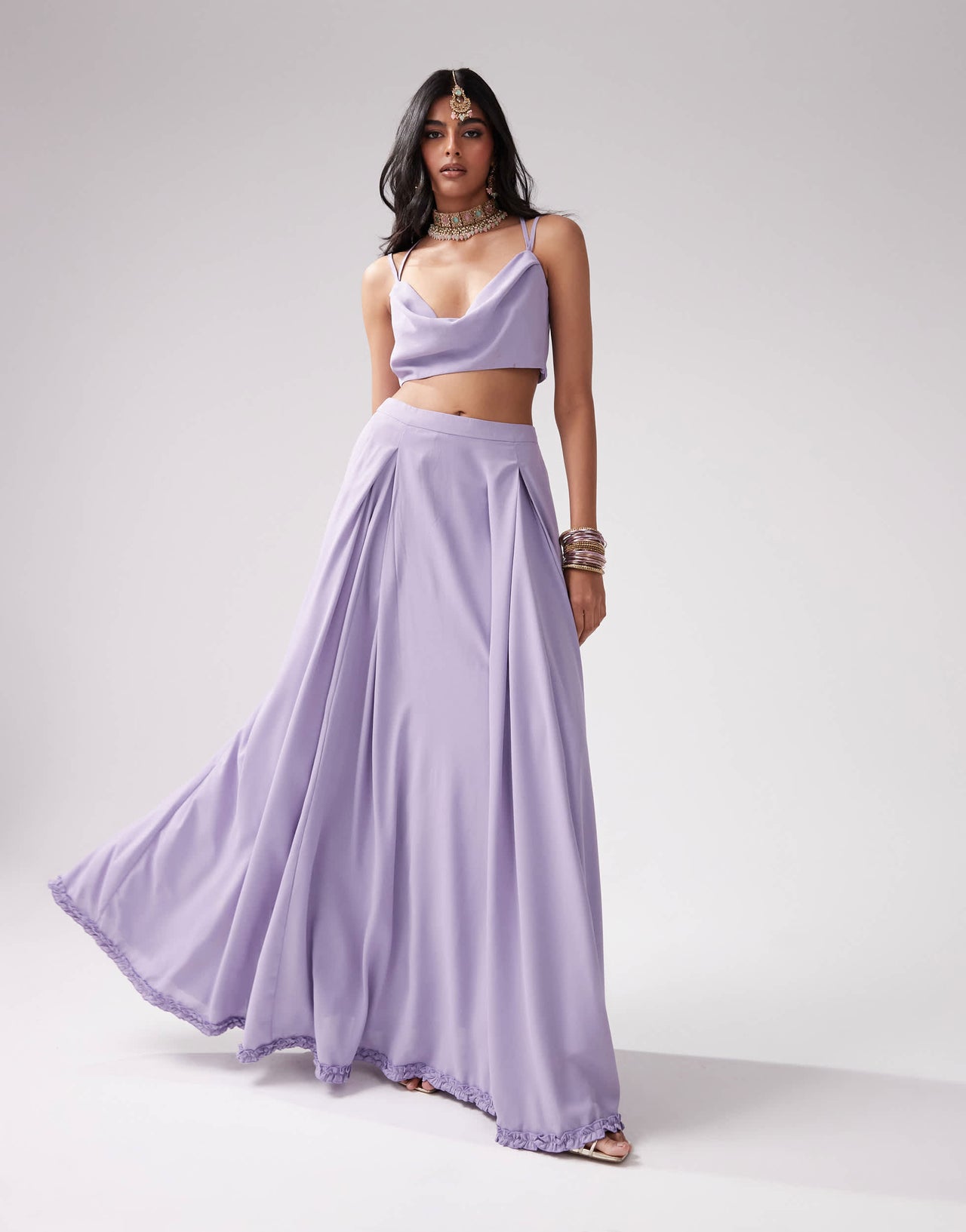 Kanya London Bridesmaid chiffon spaghetti strap cowl neck top co-ord in lilac grey