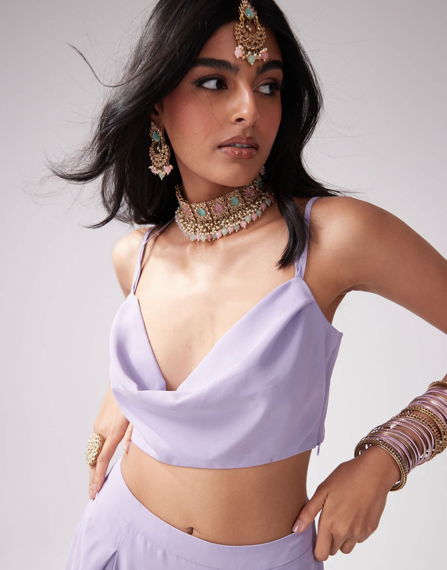 Kanya London Bridesmaid chiffon spaghetti strap cowl neck top co-ord in lilac grey