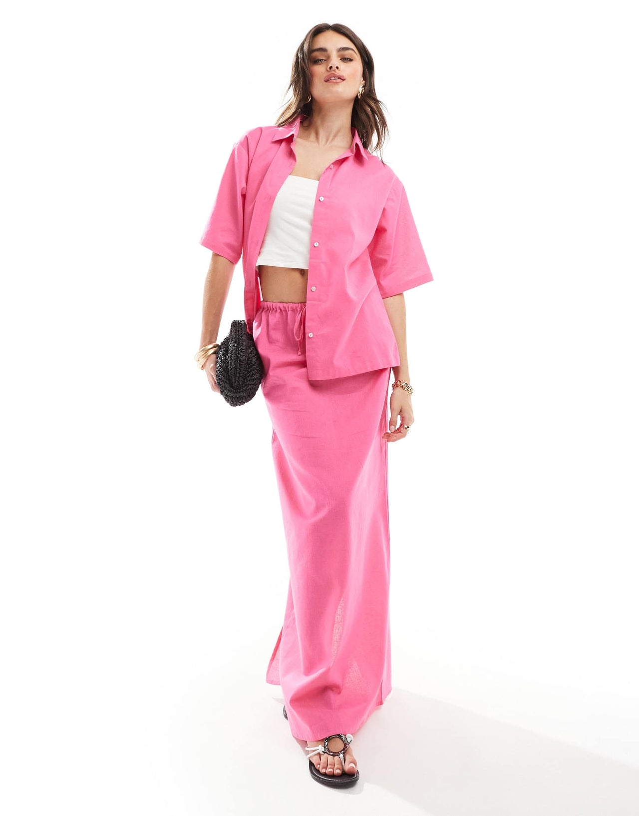 Esmee linen oversized short sleeve beach shirt co-ord in bright pink