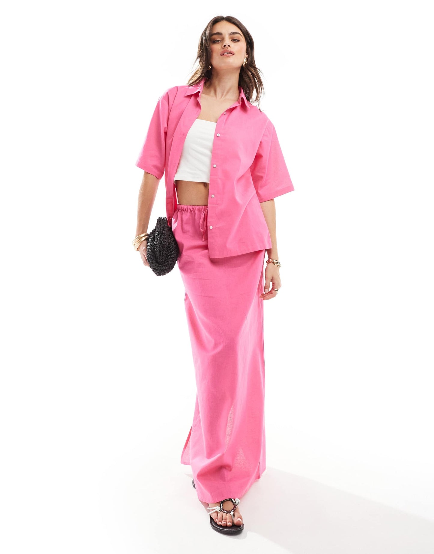 Esmee linen oversized short sleeve beach shirt co-ord in bright pink