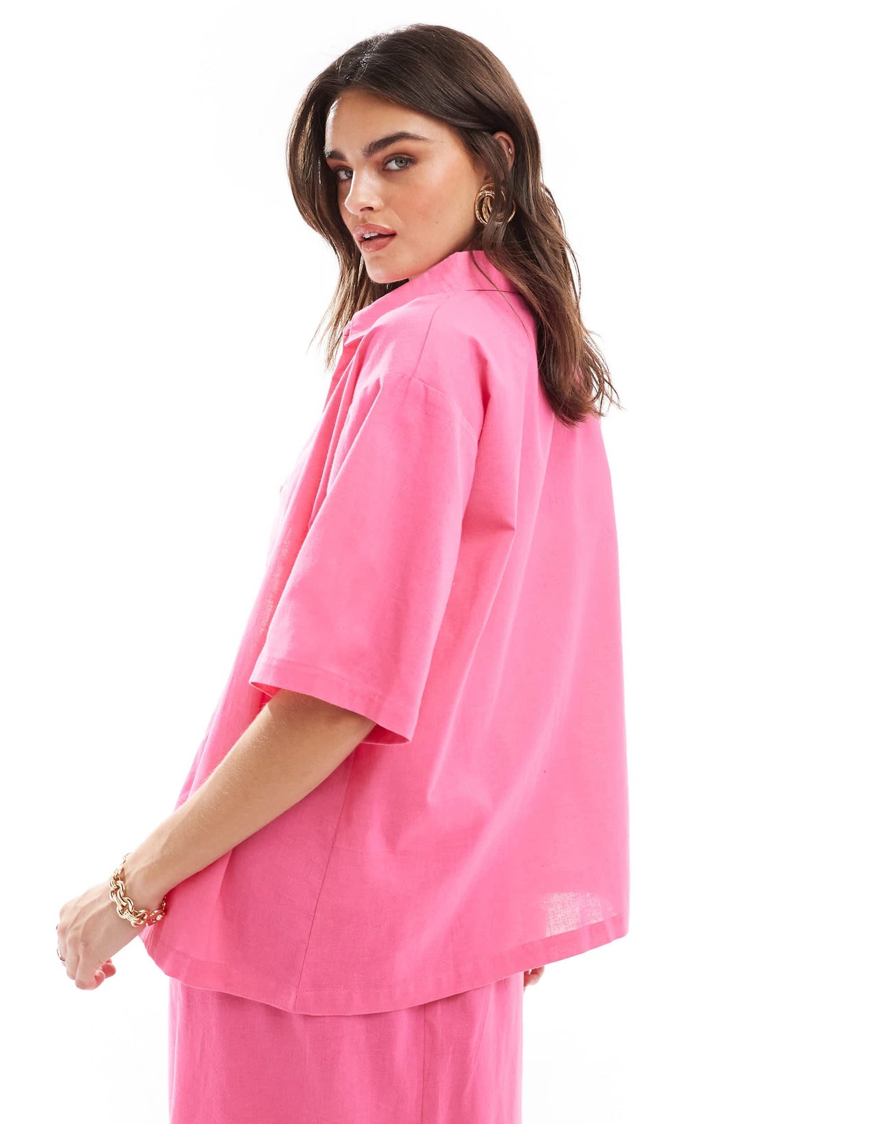 Esmee linen oversized short sleeve beach shirt co-ord in bright pink