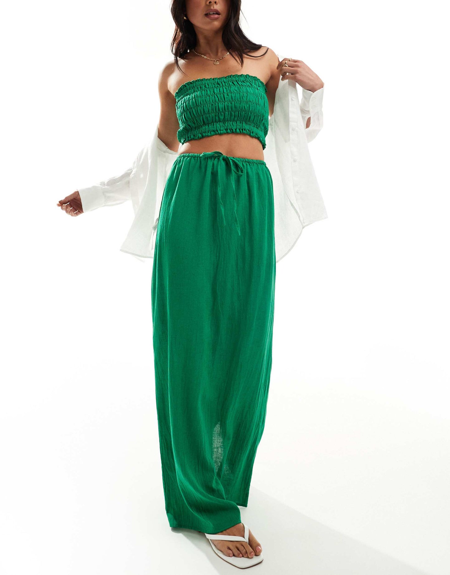 Esmee maxi beach skirt co-ord in green linen
