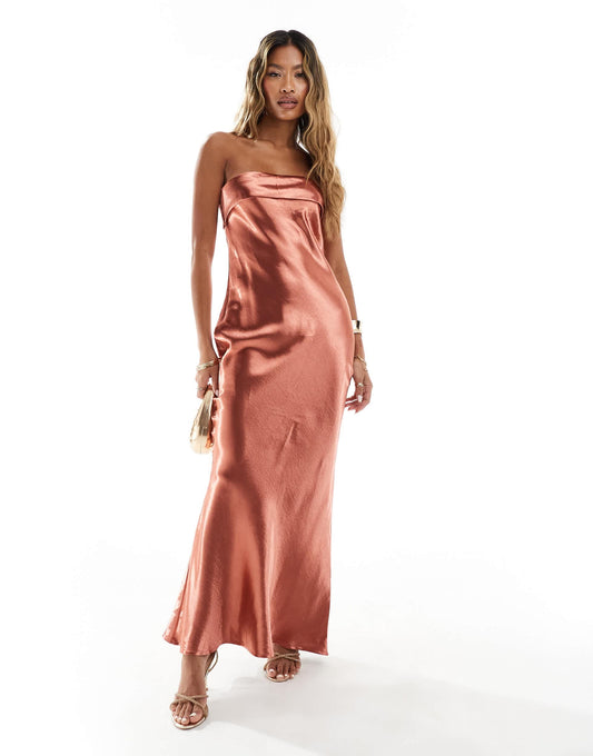 In The Style exclusive liquid satin bandeau cut out back maxi dress in rust