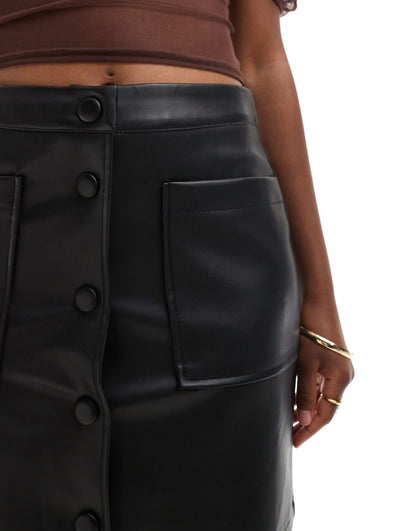 In The Style leather look button through mini skirt in black