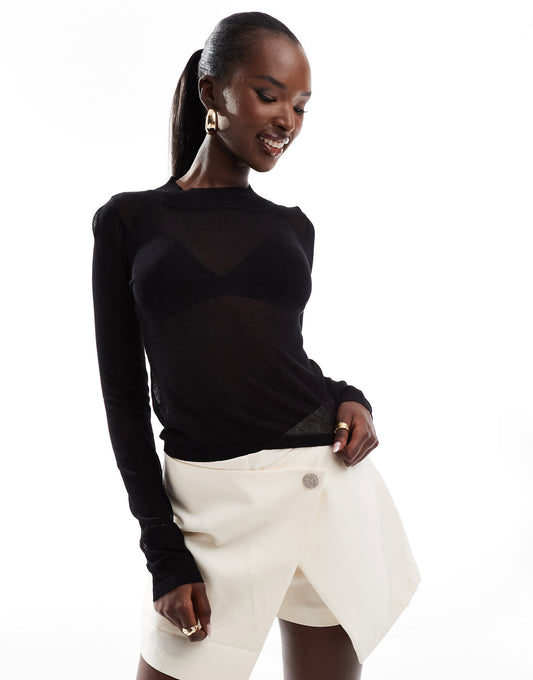 In The Style sheer fine knit jumper in black