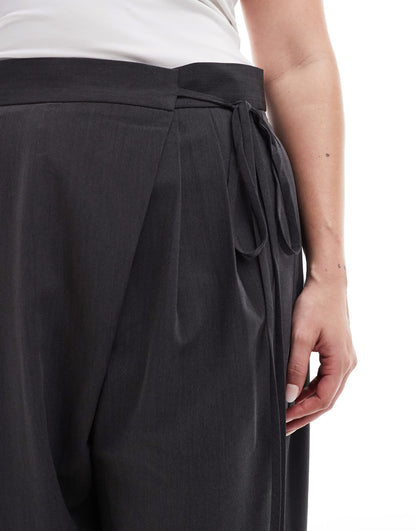 ASOS DESIGN Curve tailored wide leg trousers with wrap tie detail in grey
