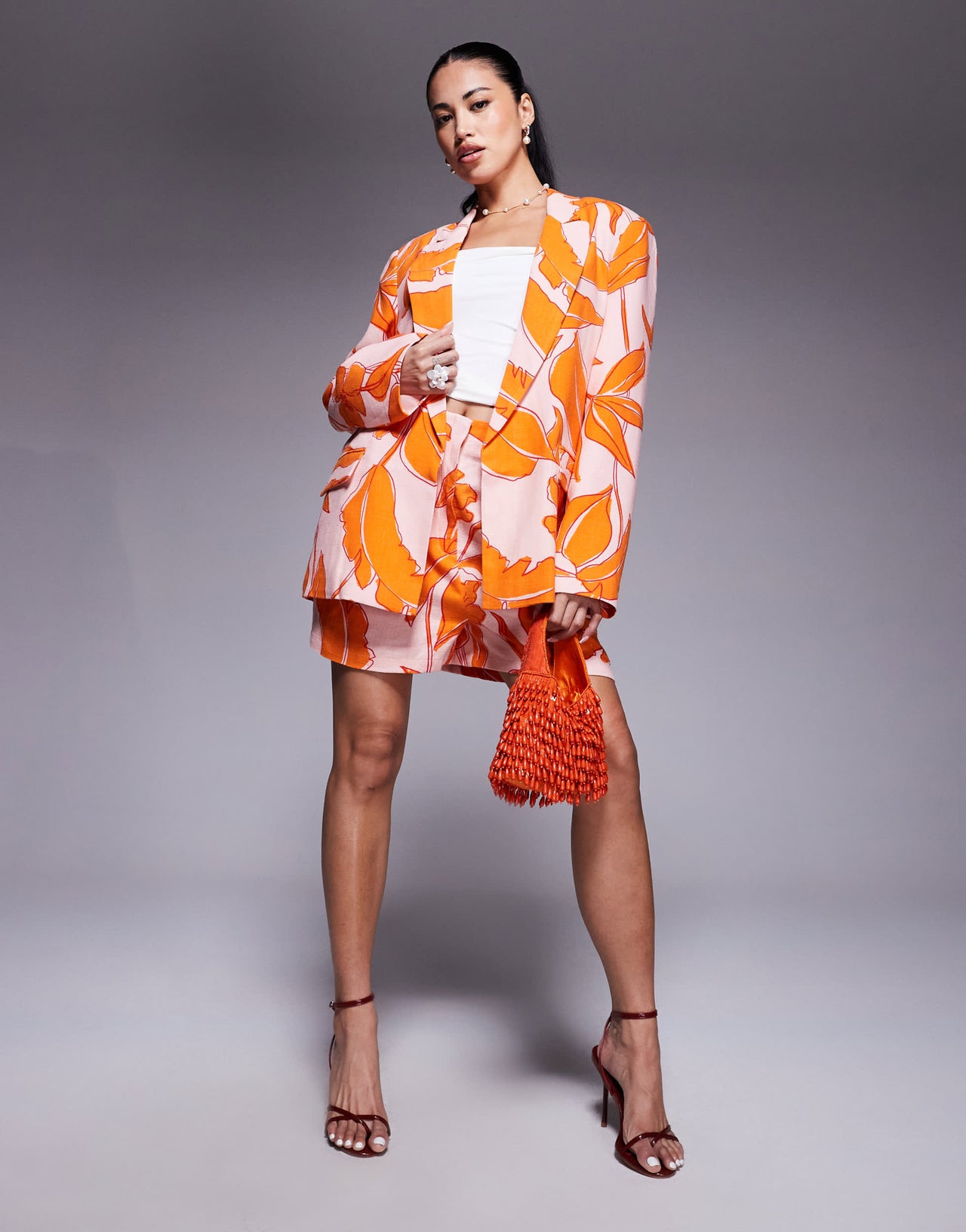 ASOS DESIGN high waist seam detail tailored shorts co-ord with linen in palm print