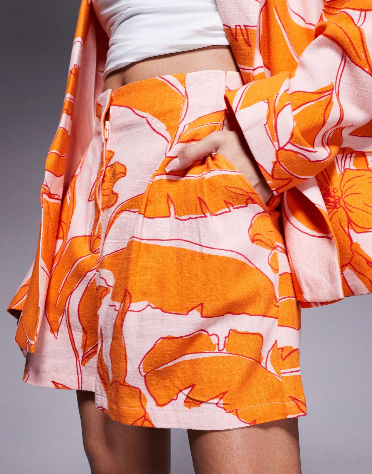 ASOS DESIGN high waist seam detail tailored shorts co-ord with linen in palm print