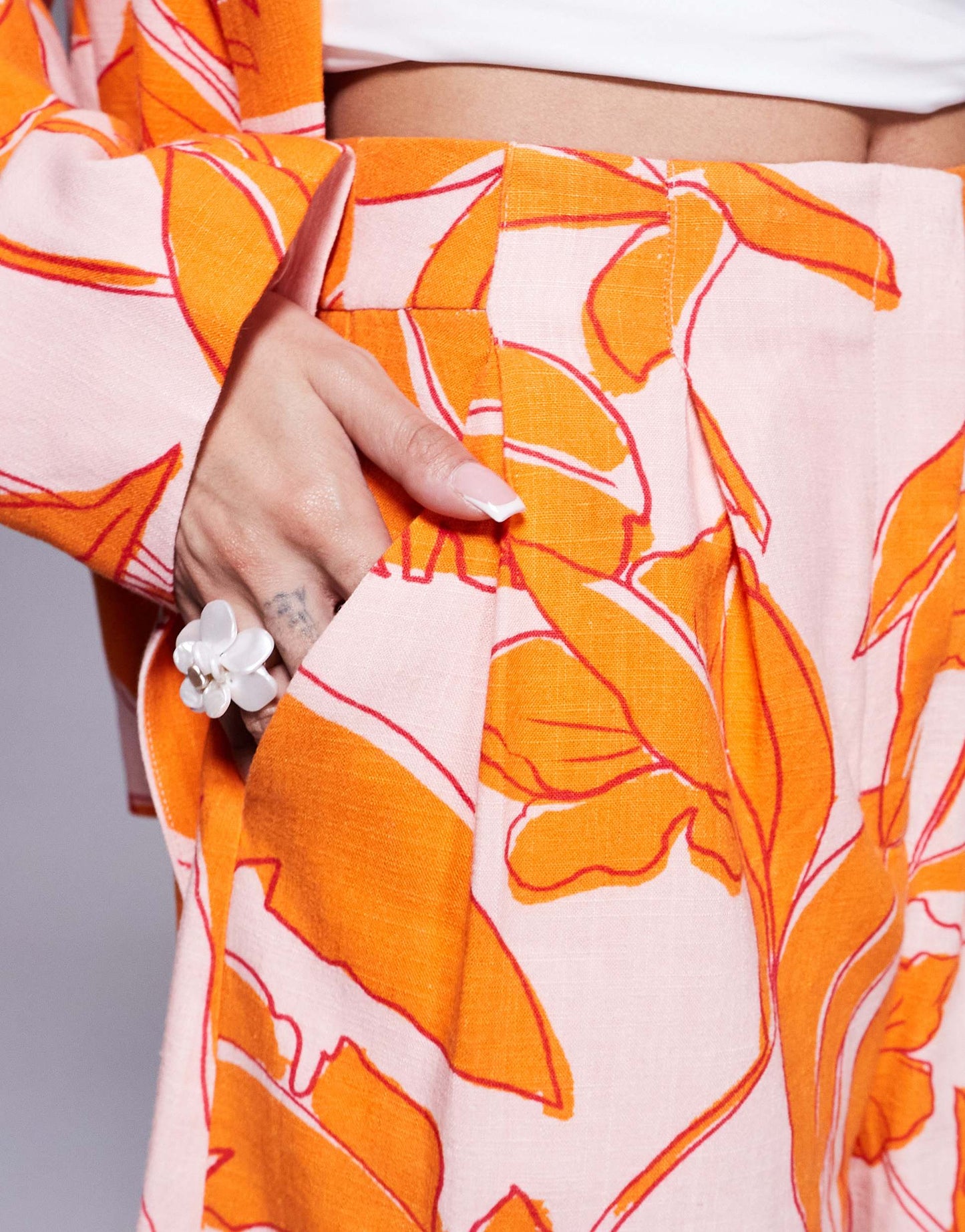 ASOS DESIGN high waist seam detail tailored shorts co-ord with linen in palm print