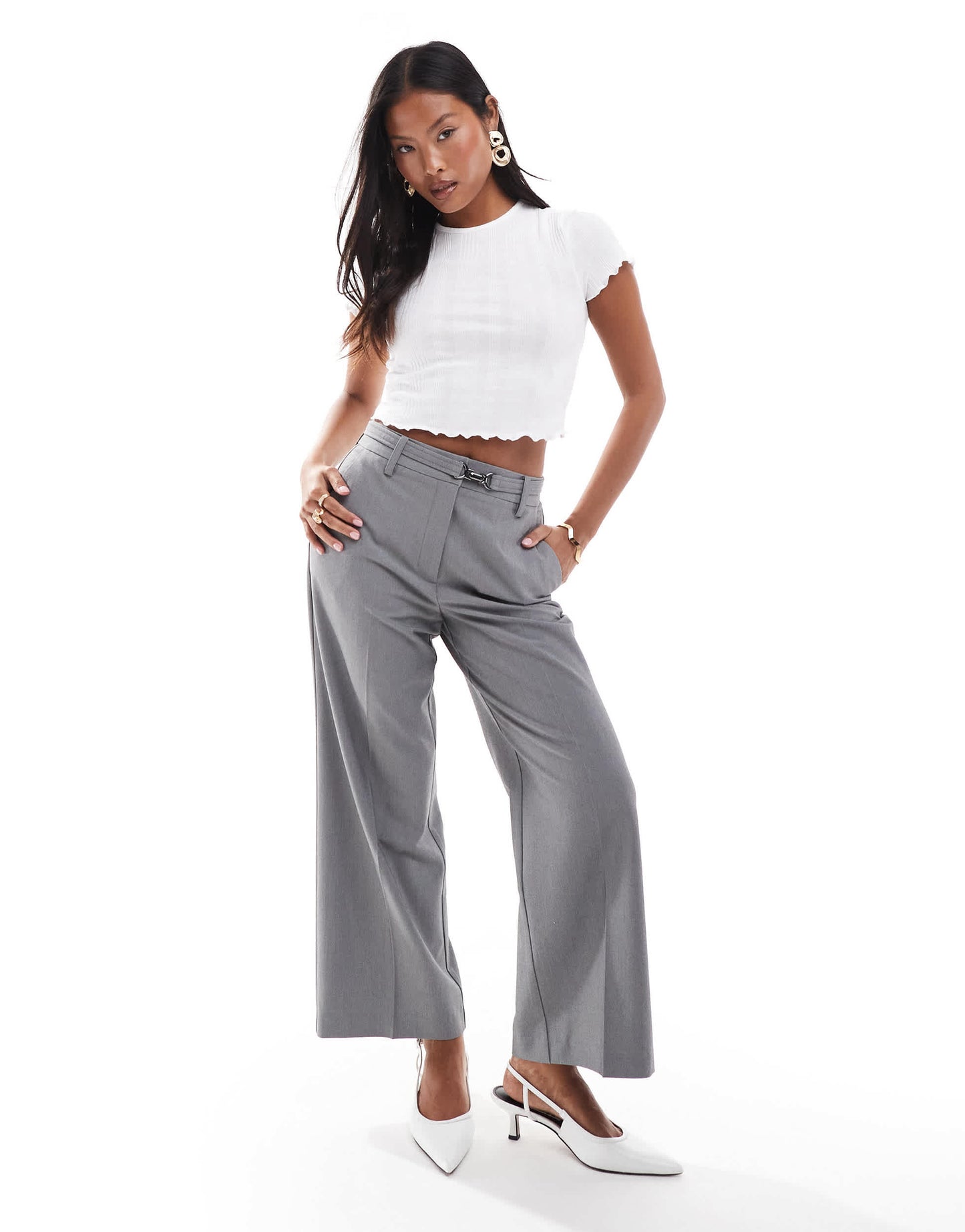 ASOS DESIGN Petite tailored cropped wide leg trousers with buckle detail in grey