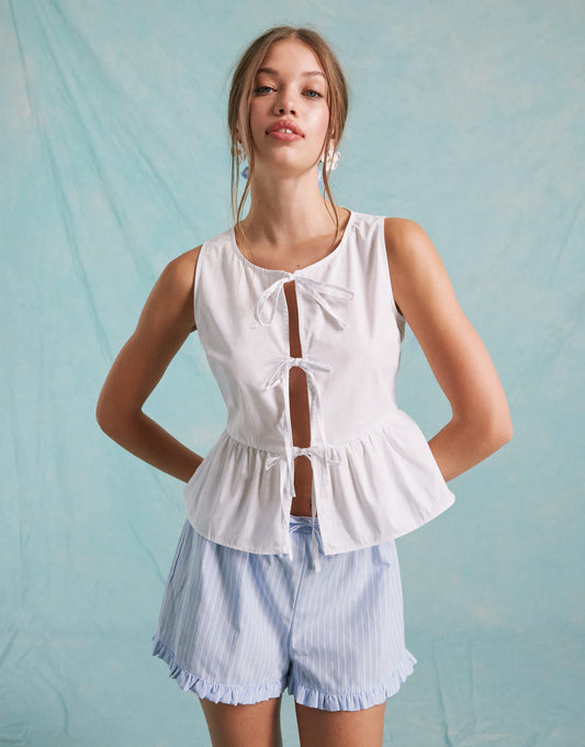 Miss Selfridge poplin tie front sleeveless top in white