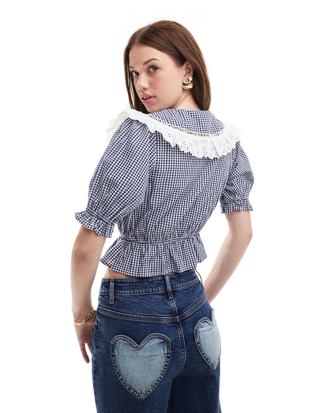 Miss Selfridge collared tie front blouse in mono gingham