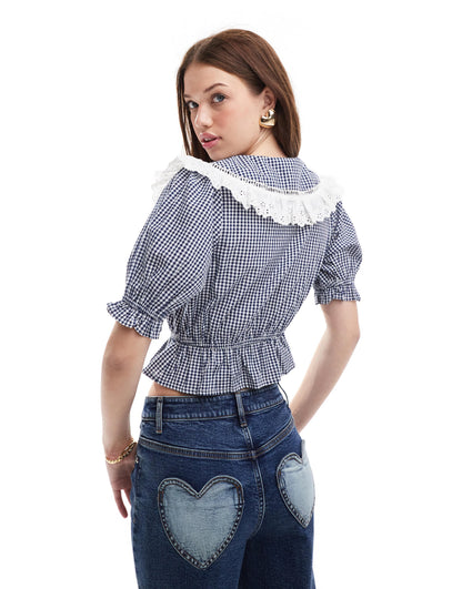 Miss Selfridge collared tie front blouse in mono gingham