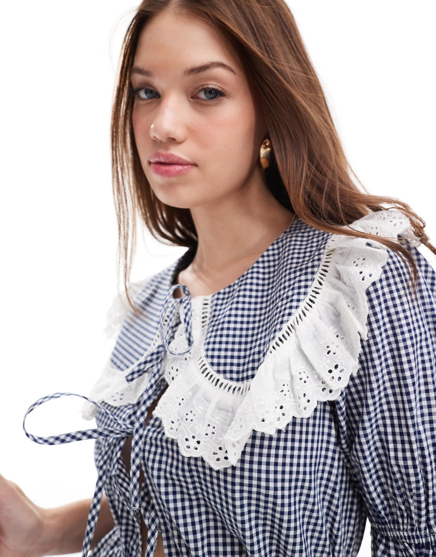 Miss Selfridge collared tie front blouse in mono gingham