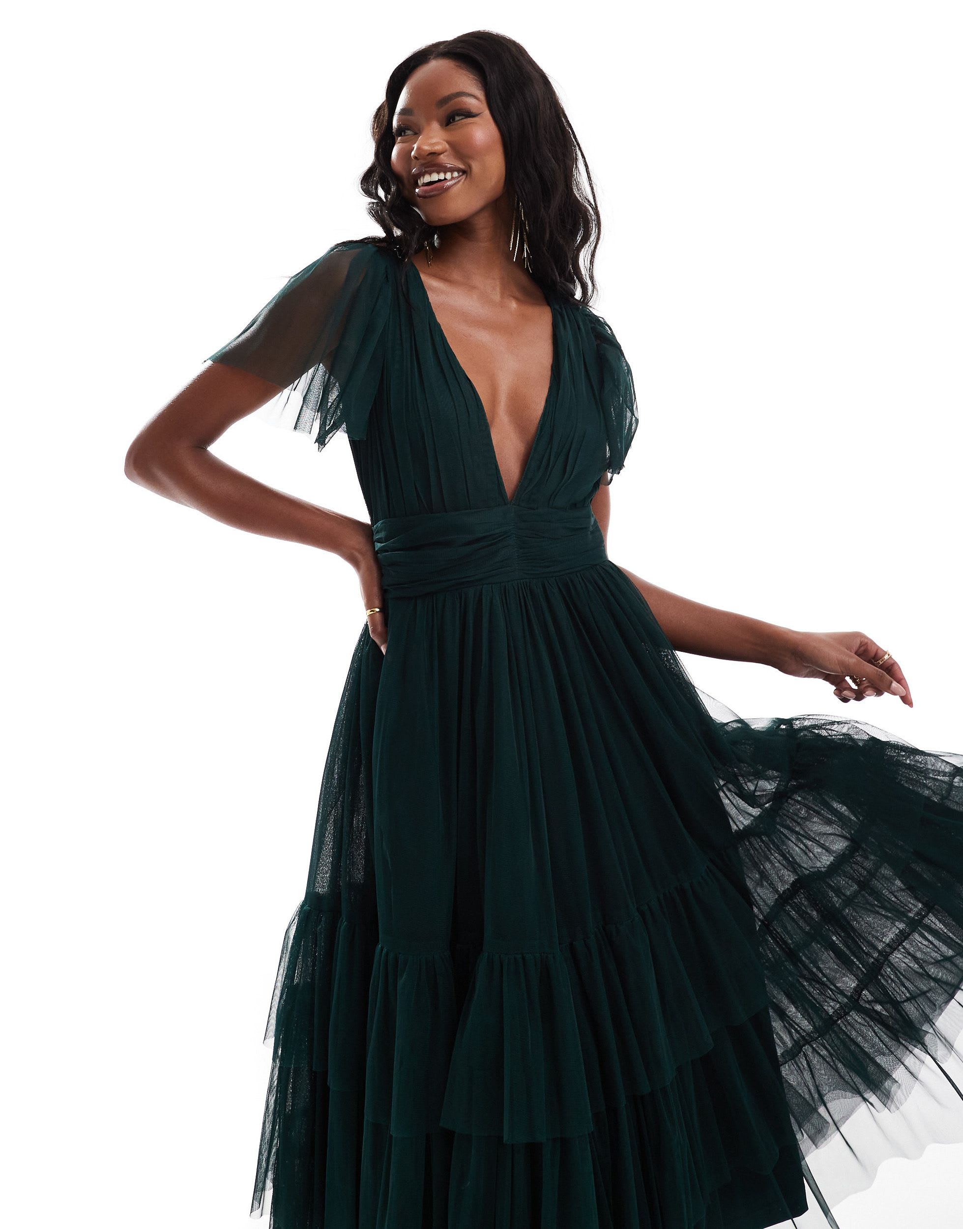 Lace & Beads Bridesmaid Madison v neck tulle midi dress in dark green