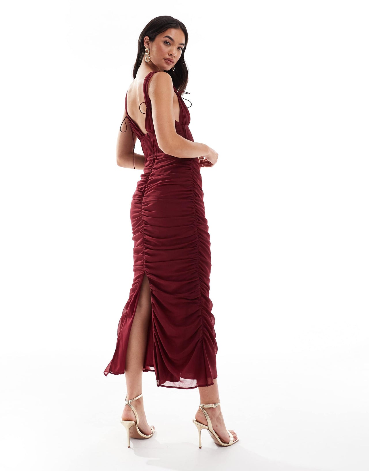 ASOS DESIGN milkmaid lace insert ruched side midi dress in burgundy