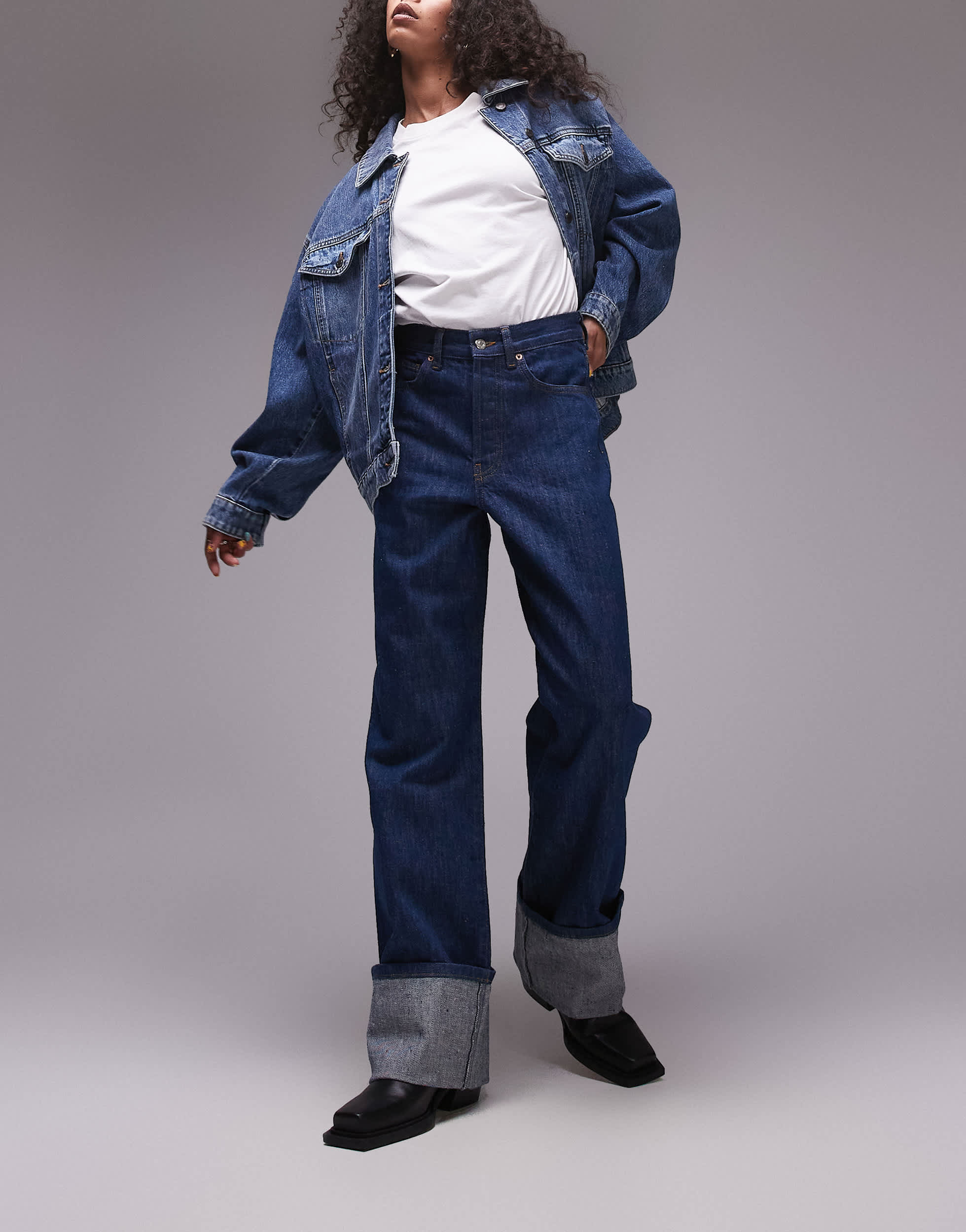 Topshop Selvedge high rise turn up jean in indigo