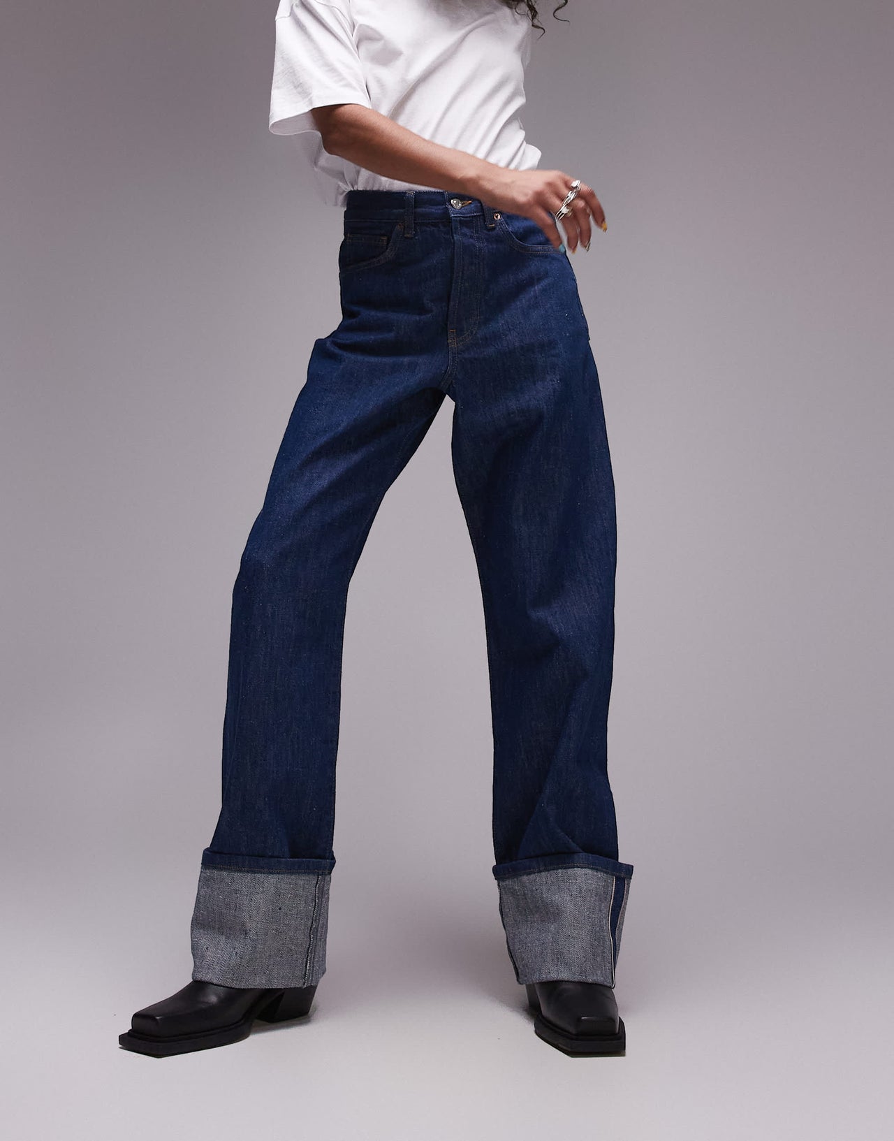 Topshop Selvedge high rise turn up jean in indigo