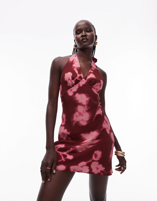 Topshop halterneck flippy mini dress in black and red floral