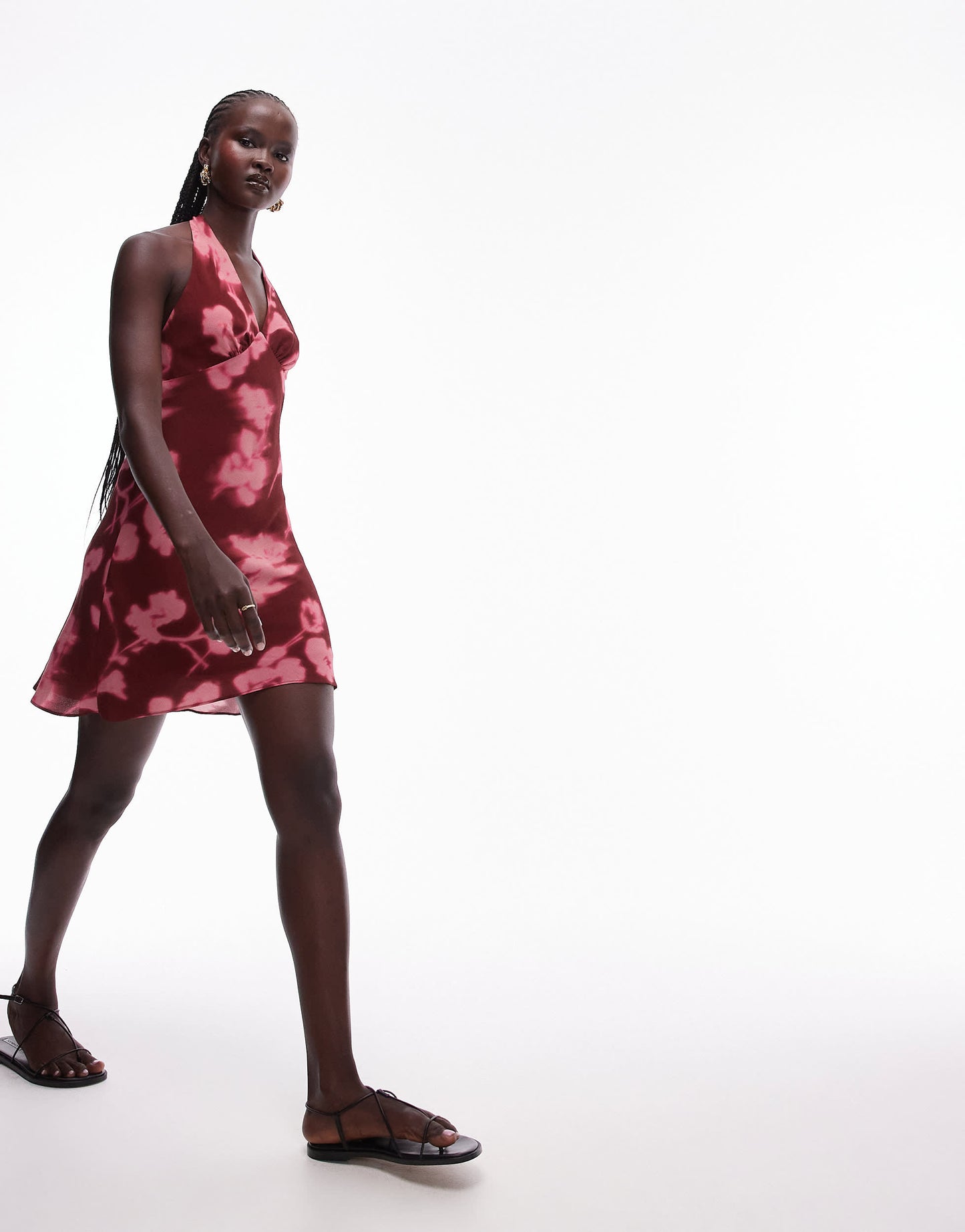 Topshop halterneck flippy mini dress in black and red floral