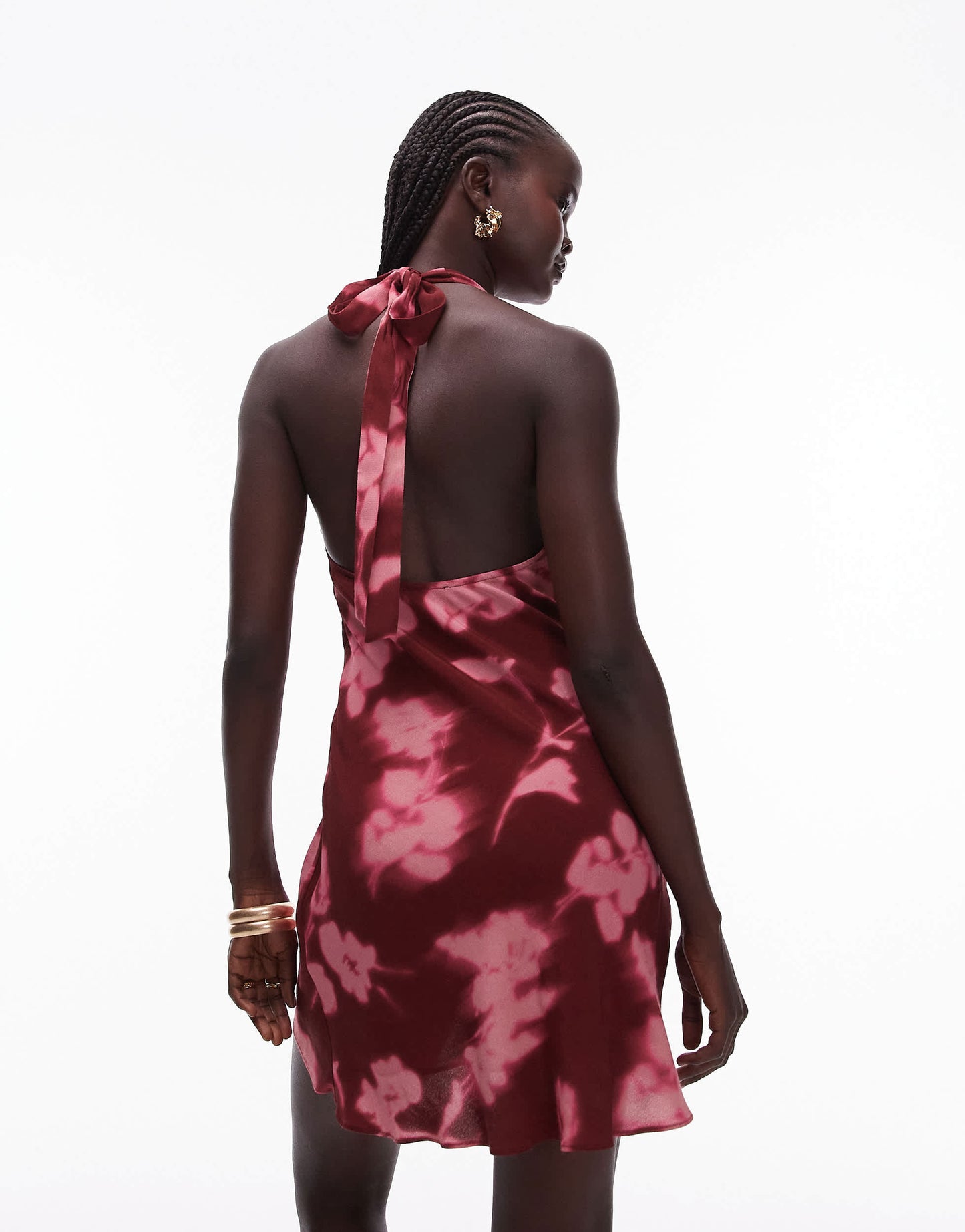 Topshop halterneck flippy mini dress in black and red floral
