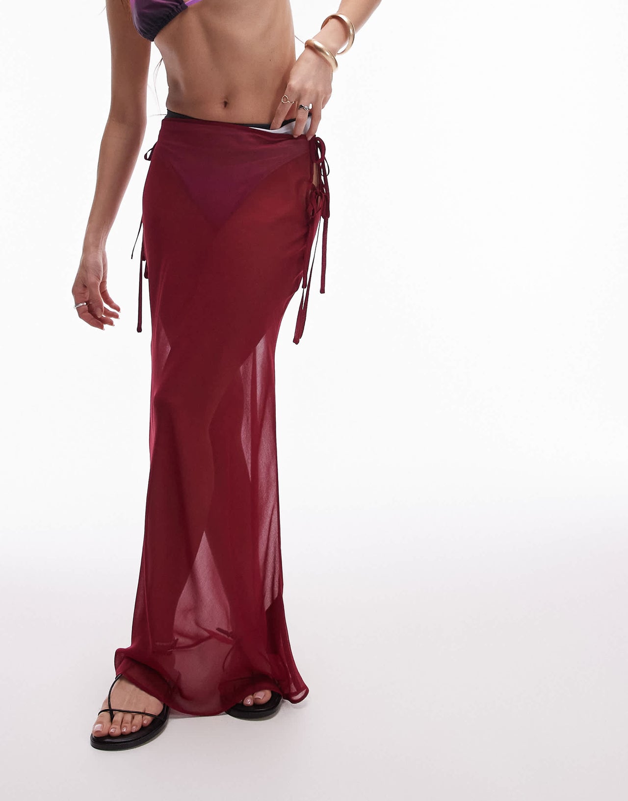 Topshop beach sheer bias maxi skirt in cherry red