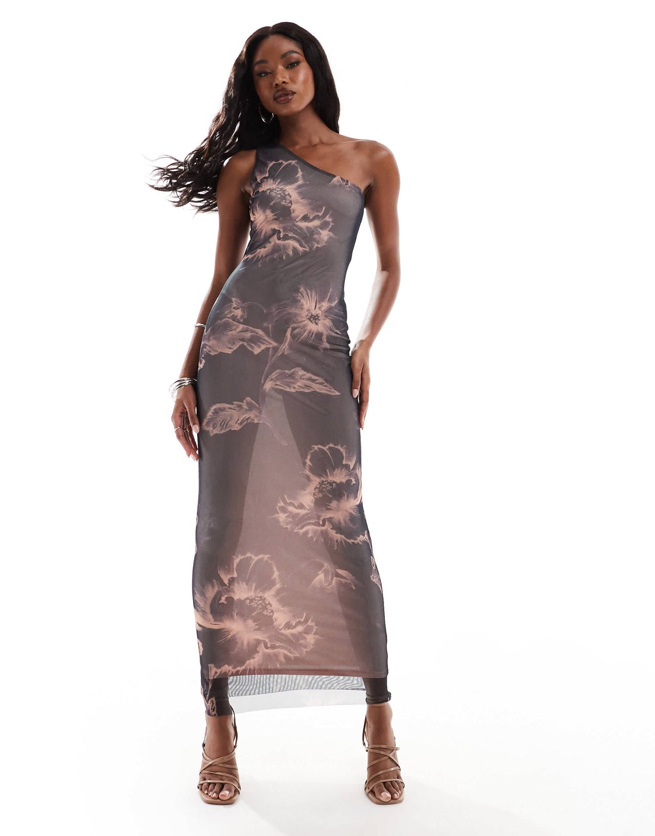 ASOS DESIGN one shoulder mesh maxi dress in dark floral print