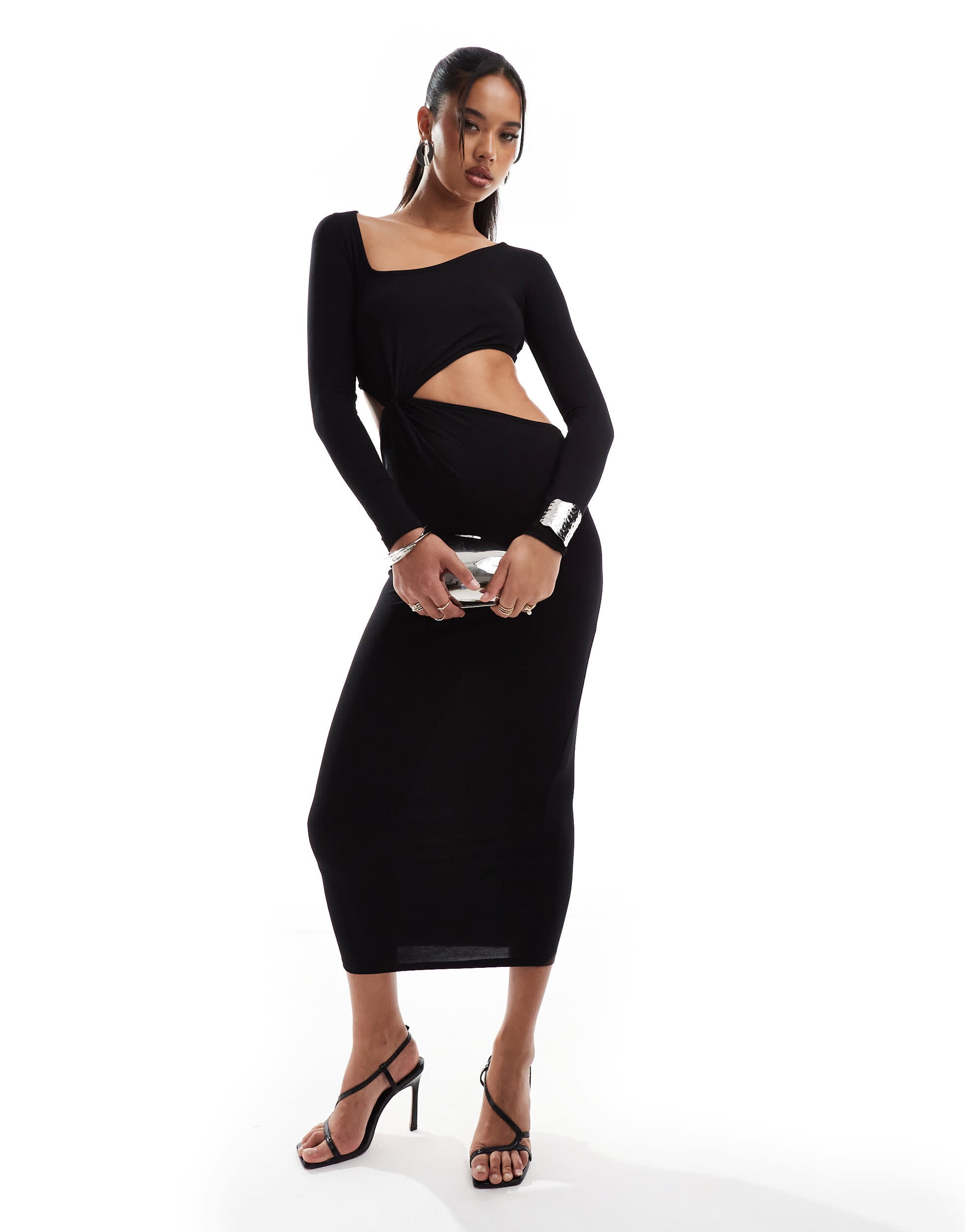 ASOS DESIGN asymmetric neckline twist detail midi dress with cut out in black