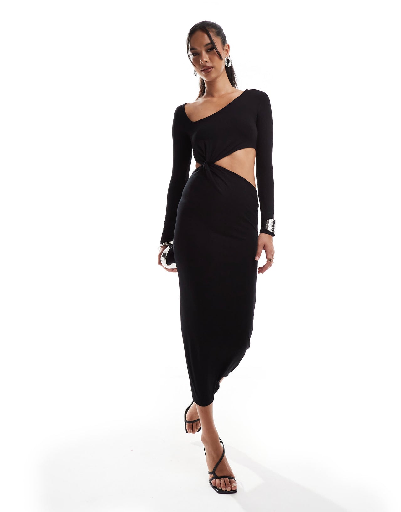 ASOS DESIGN asymmetric neckline twist detail midi dress with cut out in black