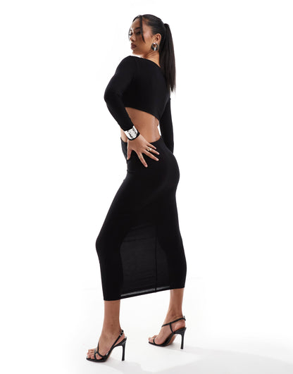 ASOS DESIGN asymmetric neckline twist detail midi dress with cut out in black