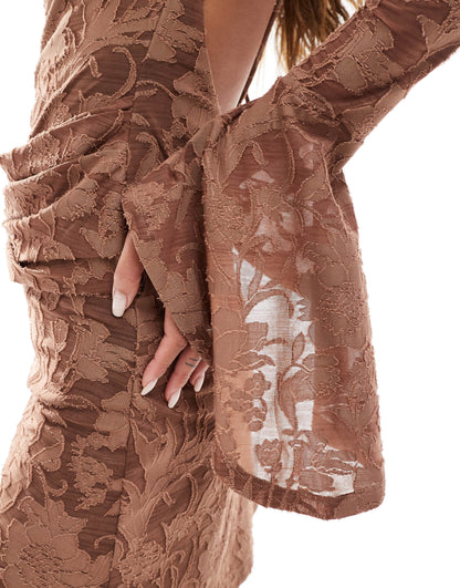 ASOS DESIGN low back devore mini dress with wide cuffs in chocolate